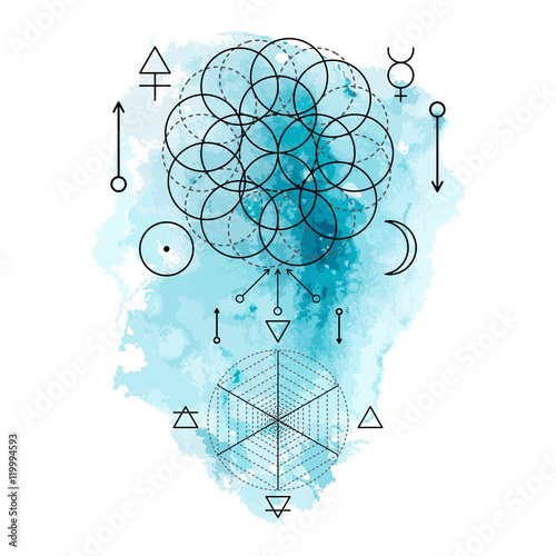 Symbol of alchemy and sacred geometry on the blue watercolor background. Linear character illustration for lines tattoo on the white isolated background.