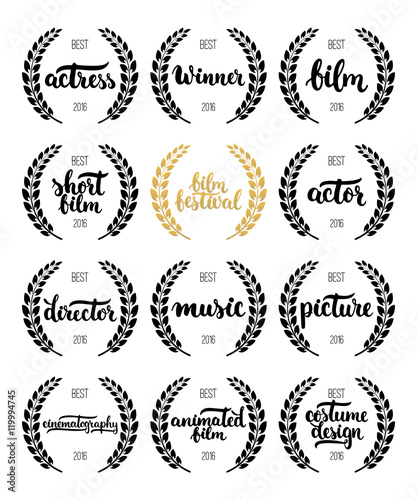 Set of awards for best film, actor, actress, director, music, picture, winner and short film with wreath and 2016 text. Black and golden color film award wreaths isolated on the white background.