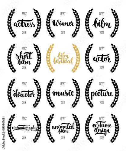 Set of awards for best film, actor, actress, director, music, picture, winner and short film with wreath and 2016 text. Black and golden color film award wreaths isolated on the white background.