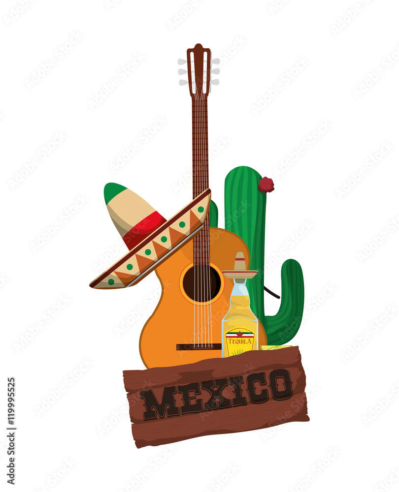 Cactus guitar tequila and hat. Mexico landmark and mexican culture theme.  Colorful design. Vector illustration vector de Stock | Adobe Stock