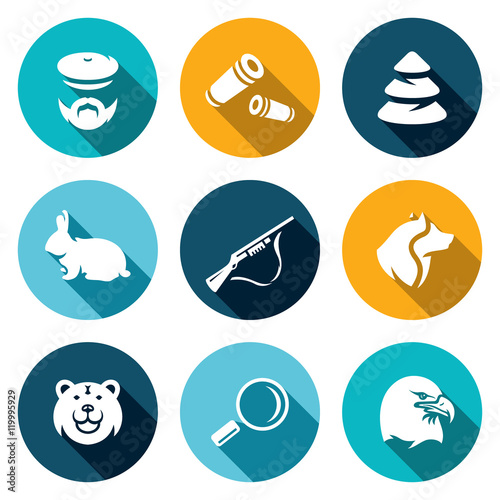 Vector Set of Hunting Icons. Hunter, Ammunition, Timber, Animal, Arms, Dog, Predator, Search, Bird.