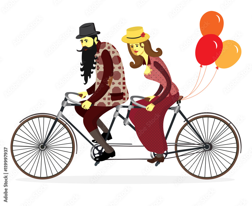 Couple of cyclists on tandem bicycle with balloons.Vector illustration of funny cartoon couple: Bride and groom riding tandem bicycle at the their wedding.Wedding invitation card with couple on bike.