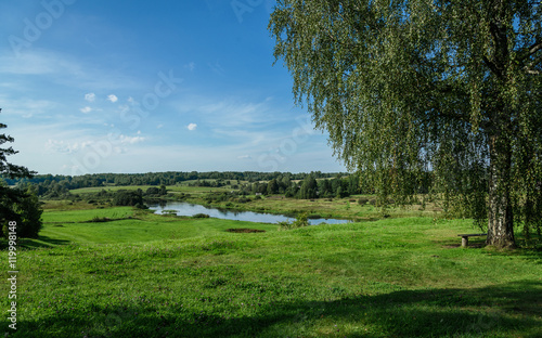 summer landscape of green hills on background river