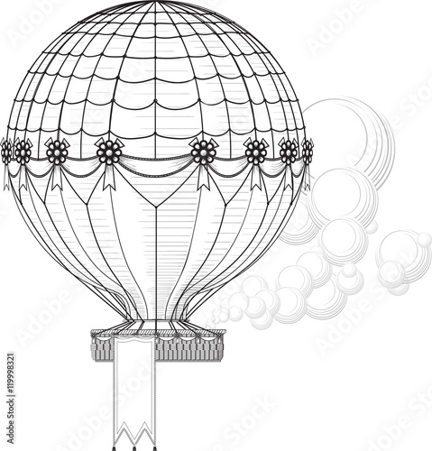 Vintage Hot Air Balloon blowing smoke rises. Hanging banner at the bottom of the basket can be easily removed, increase or decrease in the vector file.