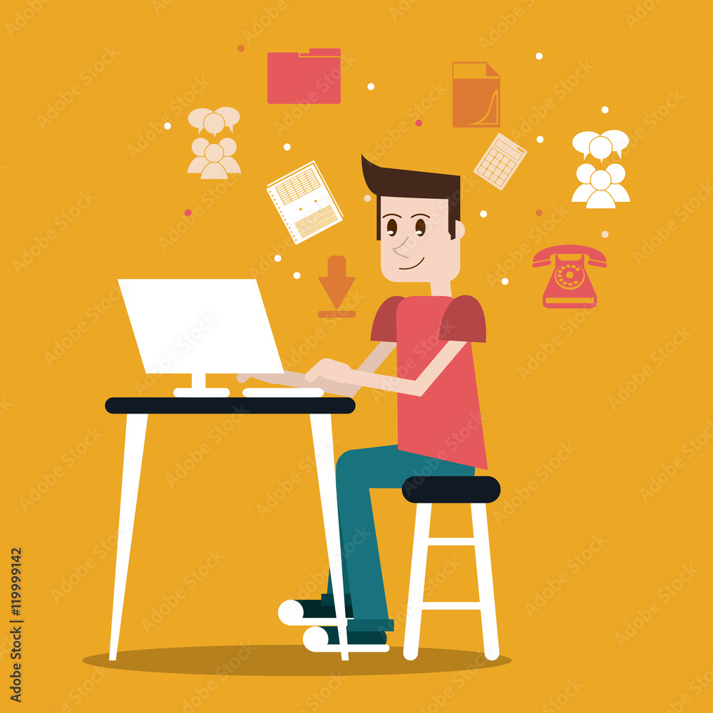 Cartoon man sitting with computer on table. Work at home and freelance theme. Colorful design. Vector illustration