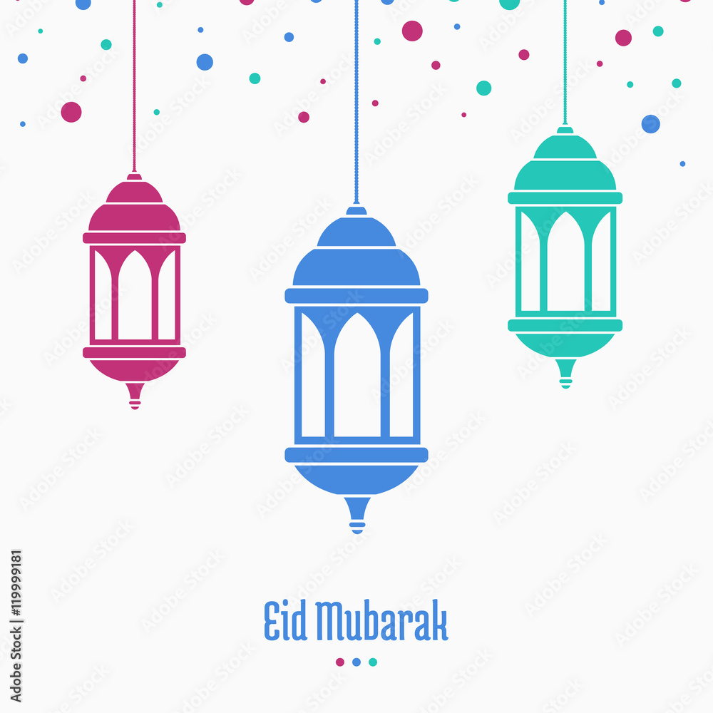 Eid Mubarak, greeting card, lamps on white background, vector illustration  Stock Vector | Adobe Stock
