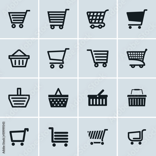Shopping cart icons set, Add to cart website symbols, user interface pictograms for webdesign or application design,, vector illustration