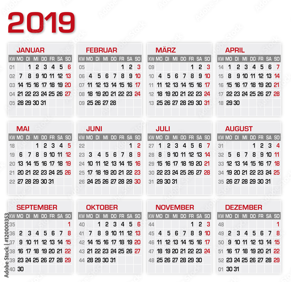 Kalender Kalendarium 2019 Stock Vector | Adobe Stock