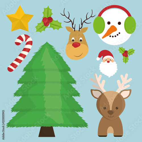 Fototapeta Naklejka Na Ścianę i Meble -  reindeer snowman santa pine tree candy star icon. Merry Christmas decoration and season theme. Colorful design. Vector illustration