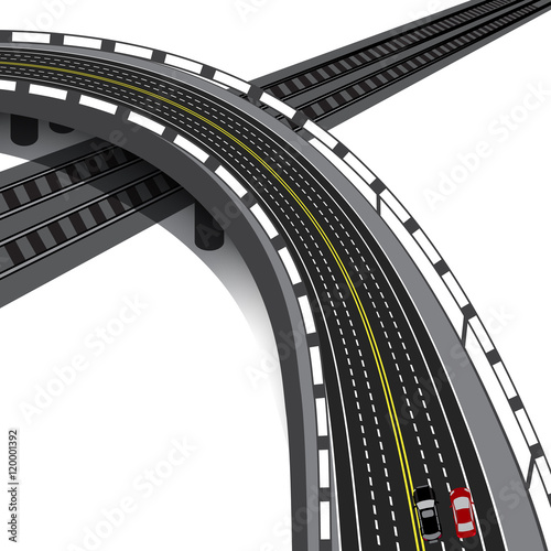 Car overpass crossing the railway. Cars. illustration