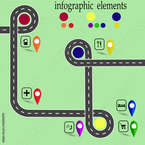 Road infographics. Highway with marked stops. Navigator. illustration photo