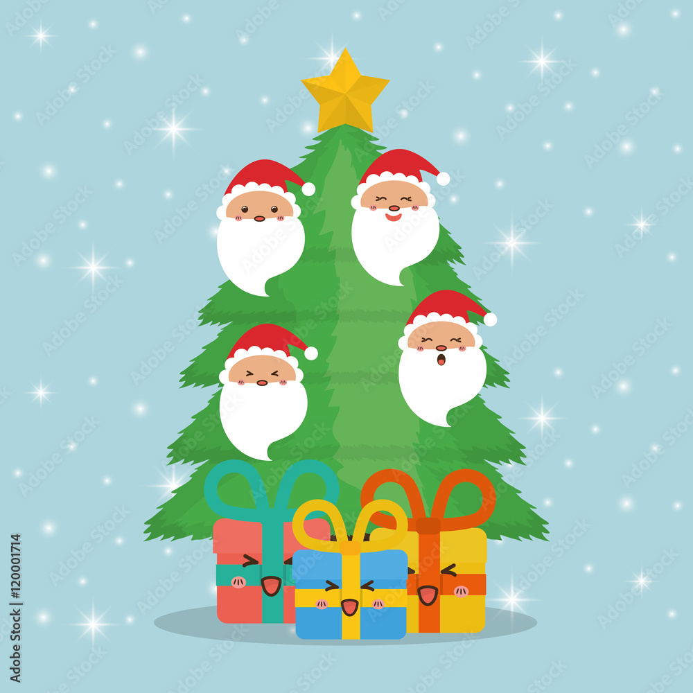 Santa gifts and pine tree cartoons icon. Merry Christmas decoration and season theme. Colorful design. Vector illustration Santa gifts and pine tree cartoons icon. Merry Christmas decoration and season theme. Colorful design. Vector illustration