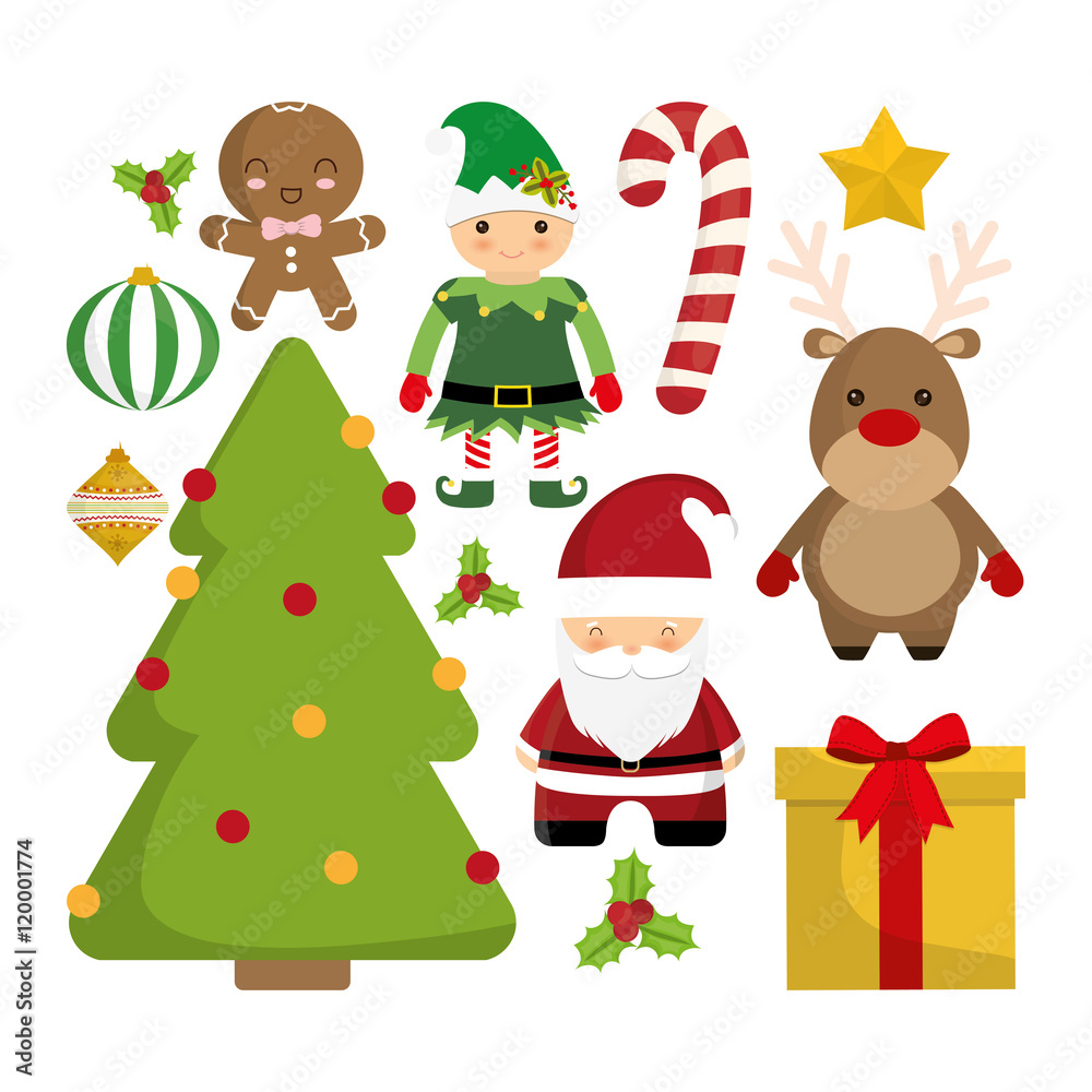 reindeer santa gift pine tree elf coockie icon. Merry Christmas decoration and season theme. Colorful design. Vector illustration