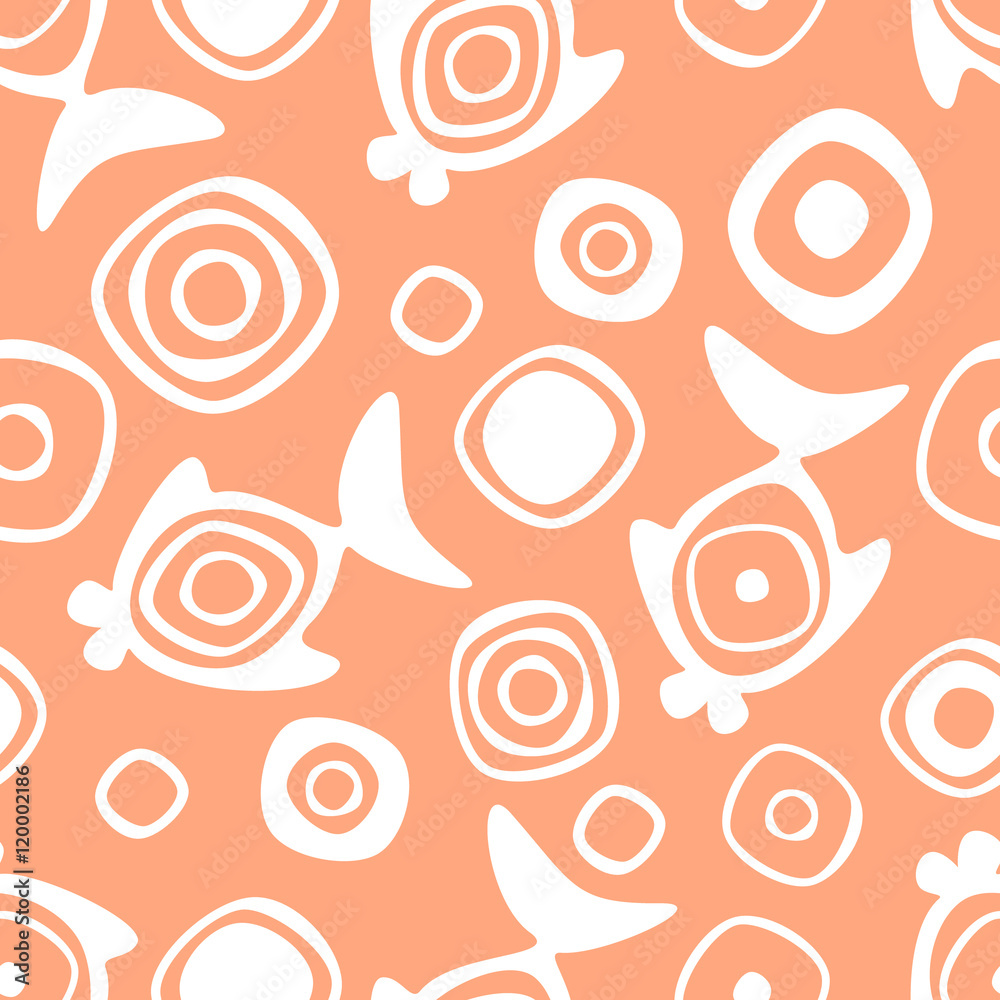 Vector seamless decorative pattern with hand drawn fish. Endless coral background. Template for wrapping, fabric, cover. Series of hand drawn decorative seamless patterns. Vector seamless decorative pattern with hand drawn fish. Endless coral background. Template for wrapping, fabric, cover. Series of hand drawn decorative seamless patterns.