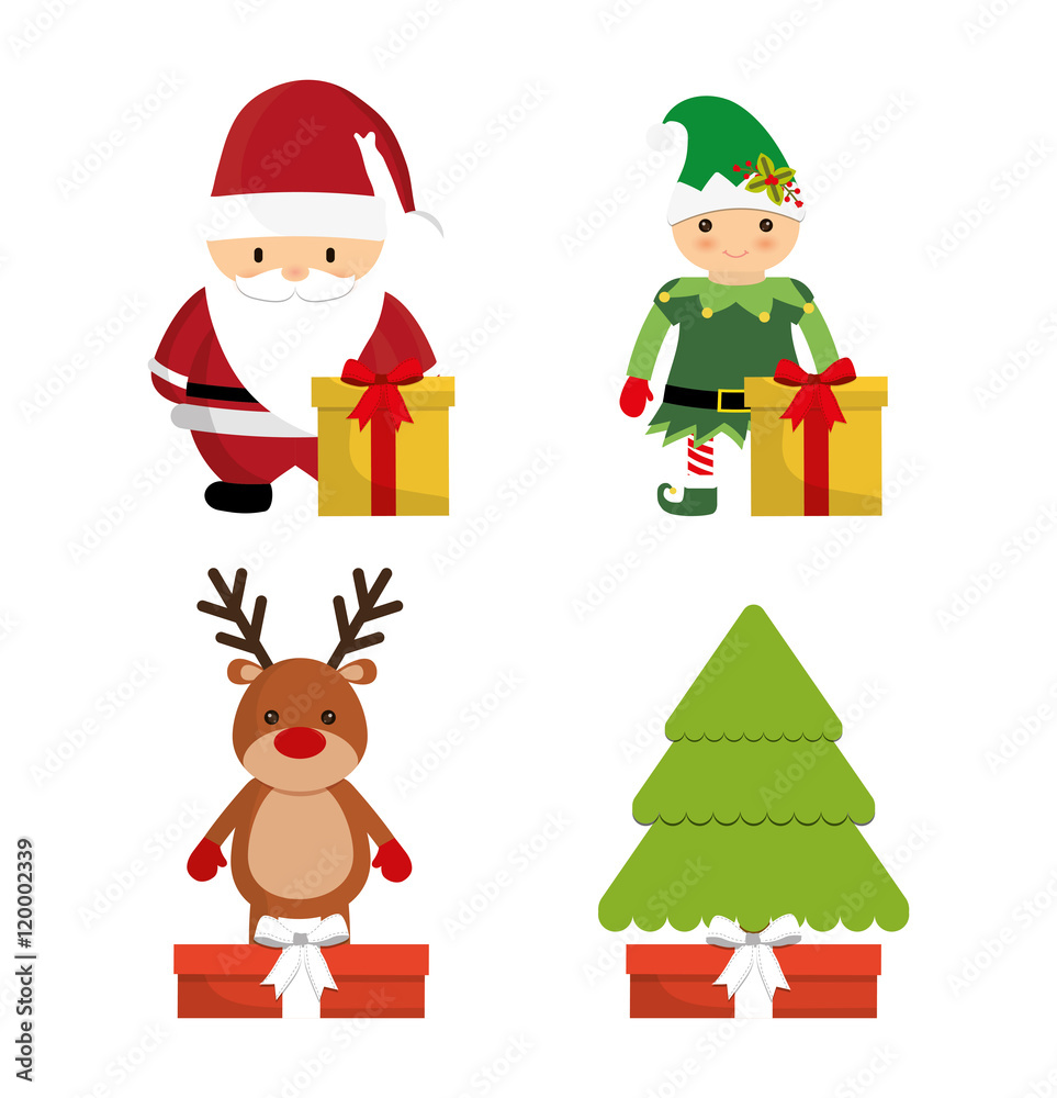 Santa reindeer elf pine tree cartoon icon. Merry Christmas decoration and season theme. Colorful design. Vector illustration