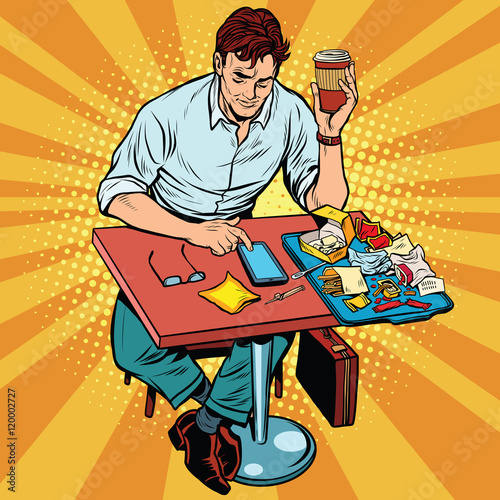 Pop art man eats lunch at a fast food restaurant