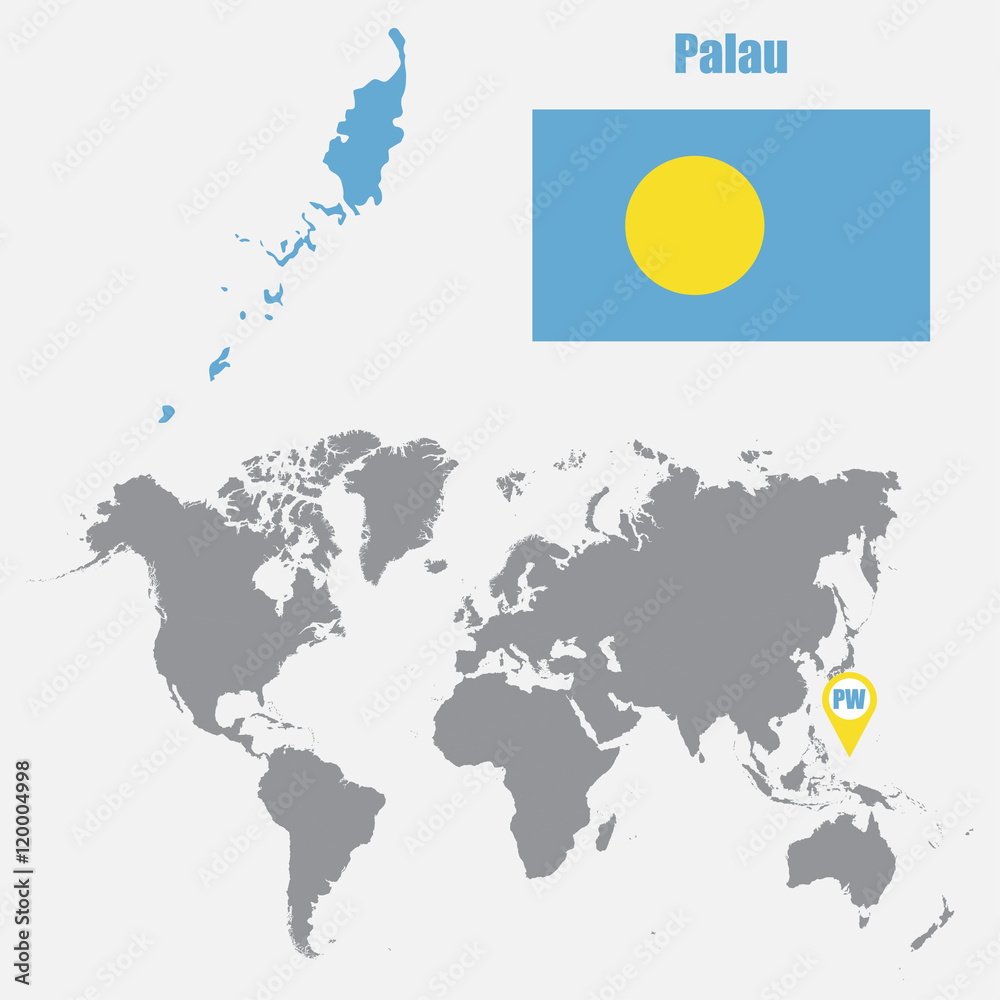 Obraz premium Palau map on a world map with flag and map pointer. Vector illustration