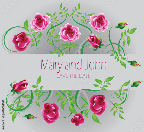 Wedding card. Mary and John. Pink roses decorate the wedding invitation. Vector image.
