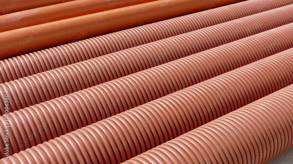 Heap of plastic ribbed tubes for drainage at construction site Heap of plastic ribbed tubes for drainage at construction site