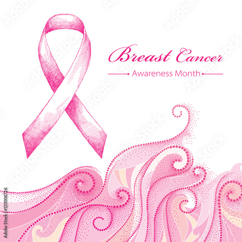 Vector illustration with pink ribbon and dotted pink swirls isolated on white background. Breast Cancer Awareness Month symbol. Design for international health campaign for woman in October.