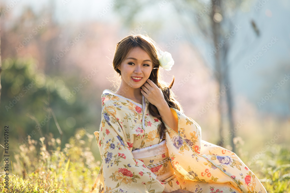 Asian women wearing traditional japanese kimono in the himalayan sakura garden,Thailand. Asian women wearing traditional japanese kimono in the himalayan sakura garden,Thailand.