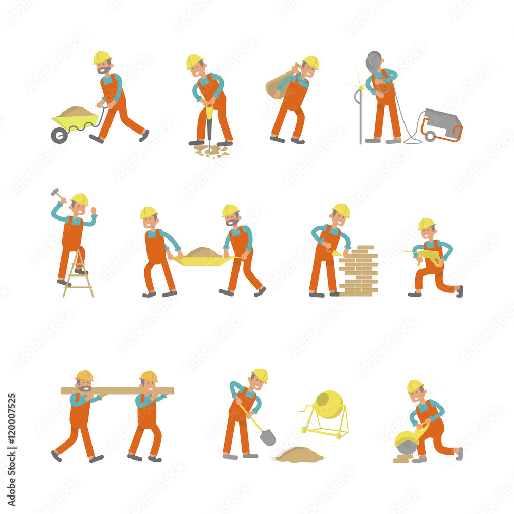 Illustration of construction workers. Characters laborers in different poses in flat design. Isolated on white background. Vector eps10