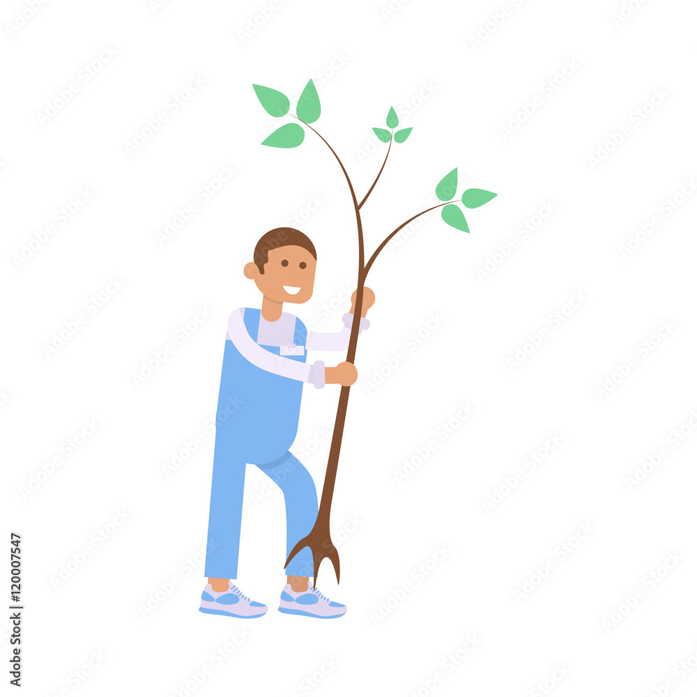 Modern creative flat design on young volunteer man planted plants and trees. Vector illustration eps10 Modern creative flat design on young volunteer man planted plants and trees. Vector illustration eps10