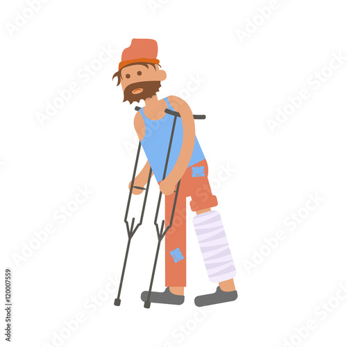 Homeless with leg in a plaster cast