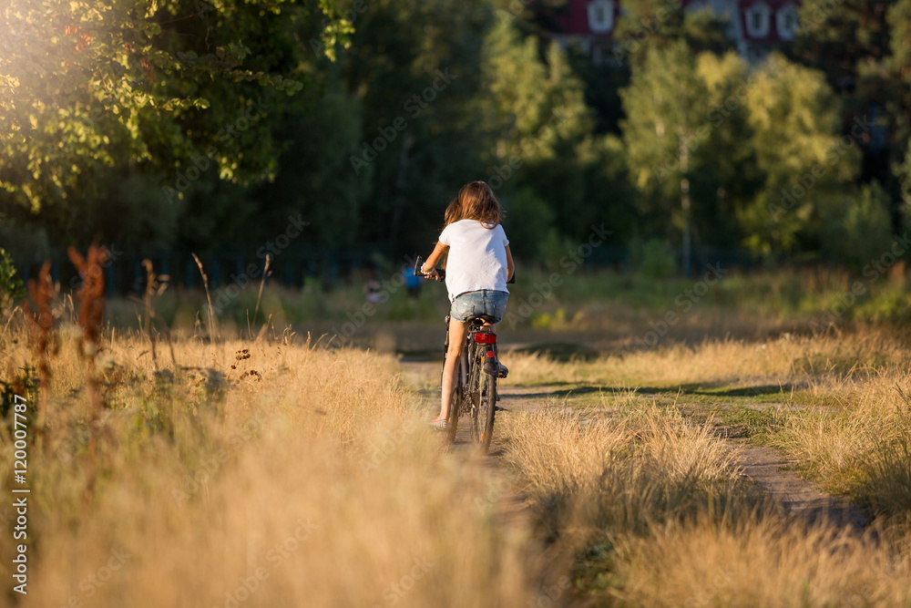 Toned image of woman riding away on bicycle at meadow Toned image of woman riding away on bicycle at meadow