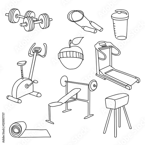 Fitness gym equipment.Hand draw doodle set icons