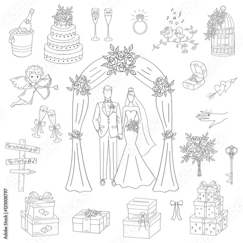 Vector set of hand drawn wedding icons bride and groom under wedding arch, cupid, cake,  bouquet, ring, gift box, birdcage, champagne  isolated doodle sketch illustrations.