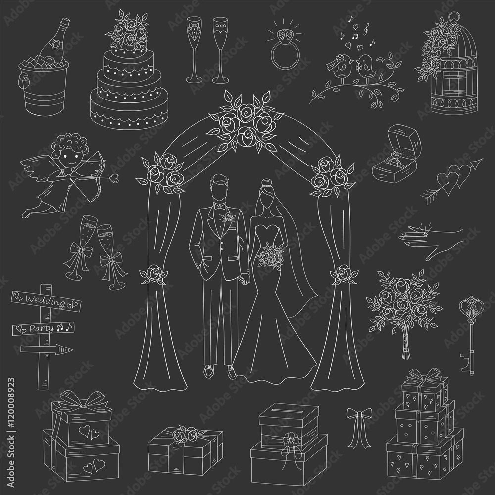 Vector set of hand drawn wedding icons bride and groom under wedding arch, cupid, cake,  bouquet, ring, gift box, birdcage, champagne  isolated doodle sketch illustrations.