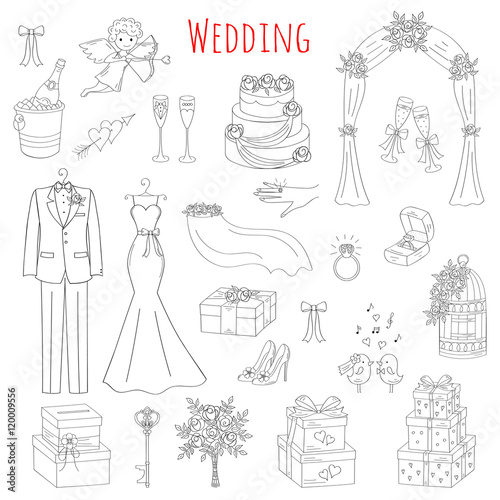 Vector set of hand drawn wedding icons wedding dress, suit, cake, cupid angel, bouquet, ring, arch, gift box, birdcage, champagne isolated doodle sketch illustrations.