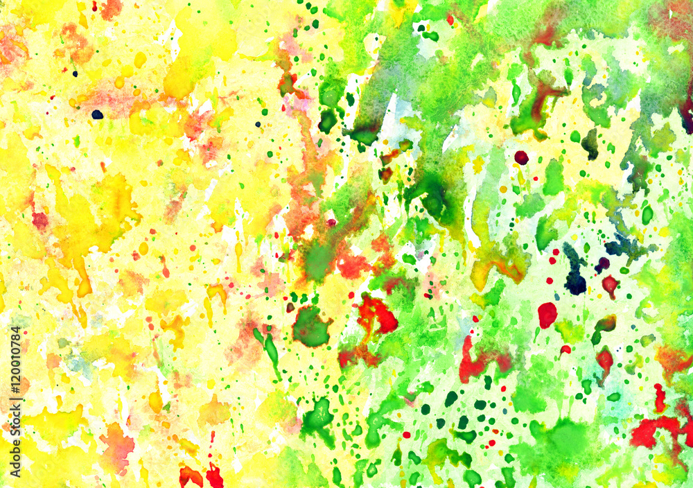 Hand painted watercolor background, abstract bright colors (yellow and green with red drops)