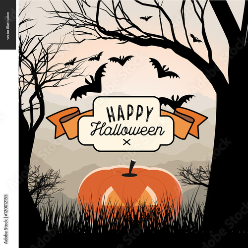 Happy Halloween illustarted poster. Vector cartoon illustration of a forest landscape with a pumpkin and flying bats, a black tree on foreground and light hills on the background.