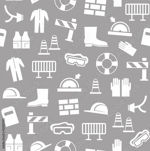 Occupational safety, personal security, background, seamless, gray. White flat icons of protective clothing and protective items on the grey background. Vector background. 
