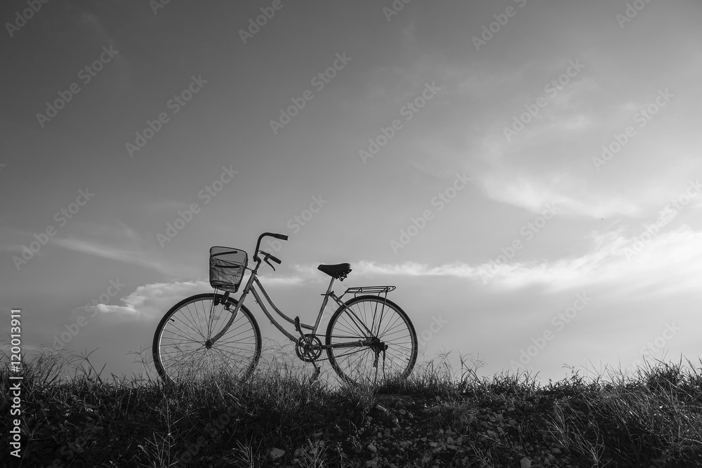 Old vintage bicycle with dramatic blue sky at background.
