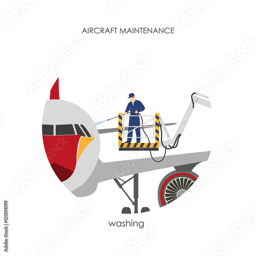 The worker is washing the plane is parked. Aircraft cleaning