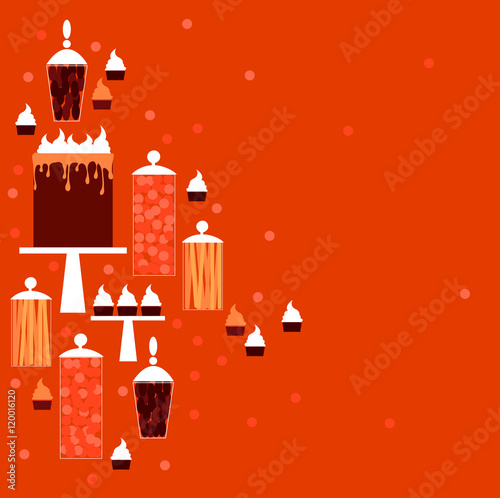 Background with cakes. Wedding Candy Buffet. Birthday sweet table. Dessert bar. Vector illustration.
