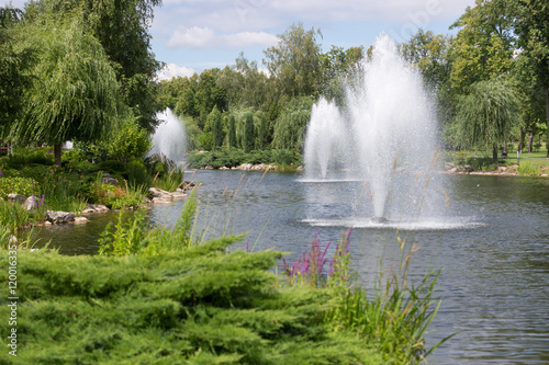 Fototapeta Naklejka Na Ścianę i Meble -  Fountains on pond at park at bright sunny day