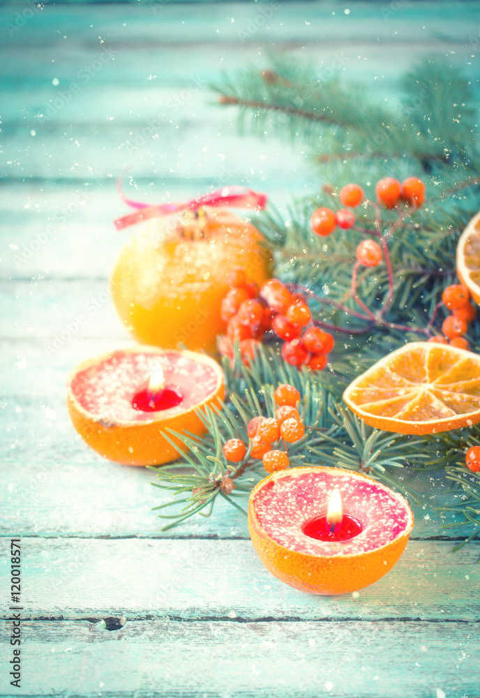 Christmas decoration on abstract background,vintage filter,soft focus - obrazy, fototapety, plakaty 