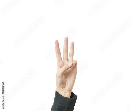 Closeup hand of working woman show three finger isolated on white background with clipping path