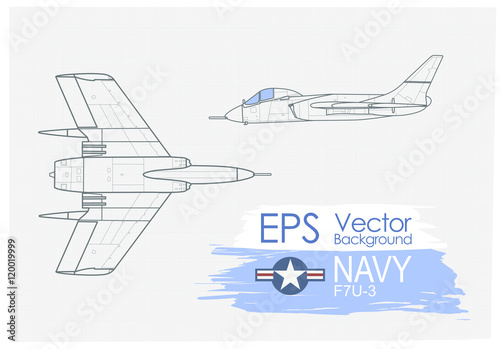 ilustracja wektorowa Vintage samolotów, rysunek na papierze, artystyczne ujęcie rzutu samolotu F7U, insygnia Navy, tło