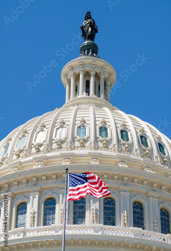 United States Flag waving in front of the US Capitol in Washington D.C.