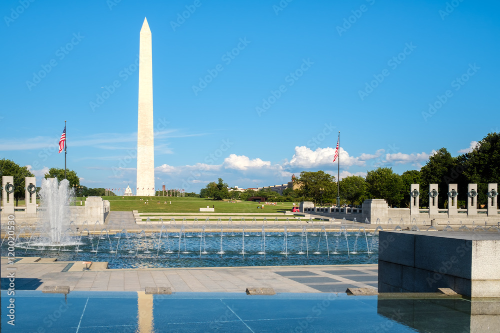 The Washington Monument and the World War Two memorial in Washington D.C.