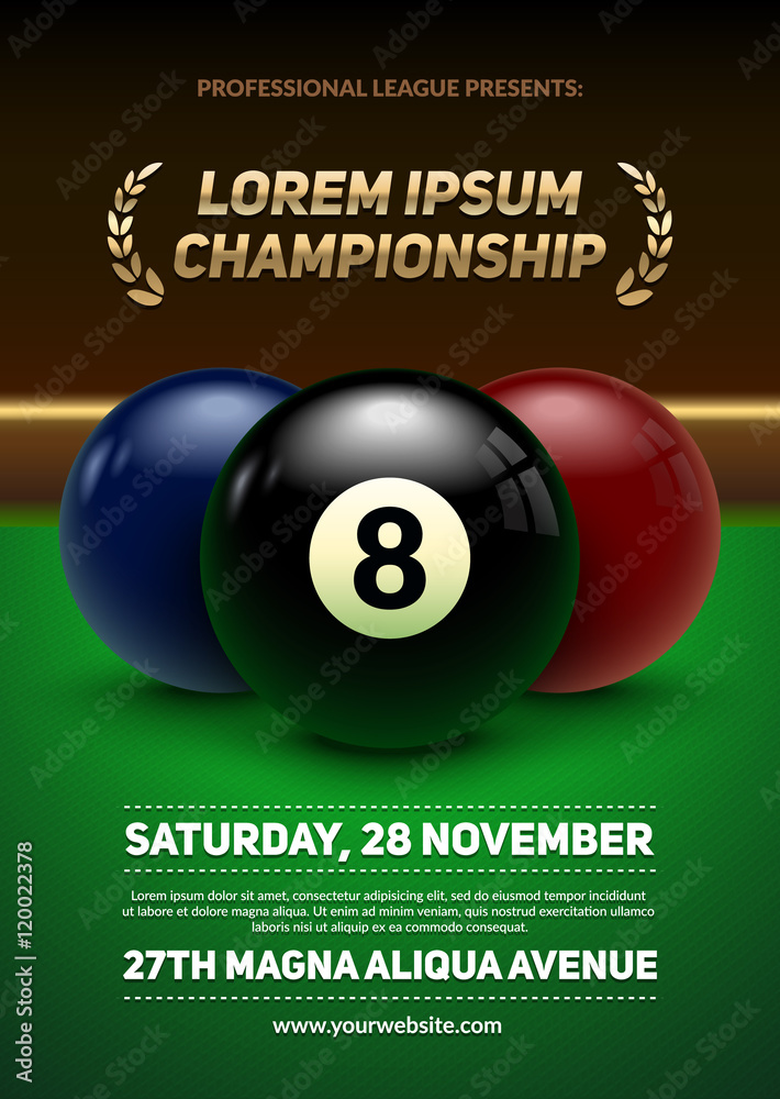 Billiard challenge poster. 3d realistic balls on billiard table. Eps10 vector illustration. Billiard challenge poster. 3d realistic balls on billiard table. Eps10 vector illustration.