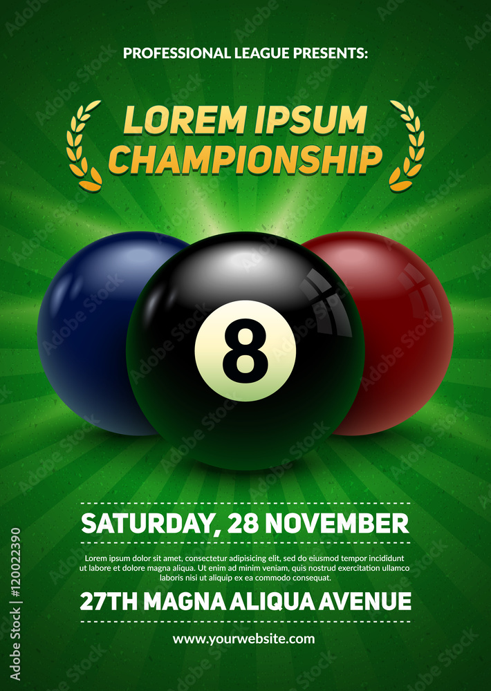 Fototapeta premium Billiard challenge poster. 3d realistic balls on green background. Eps10 vector illustration.