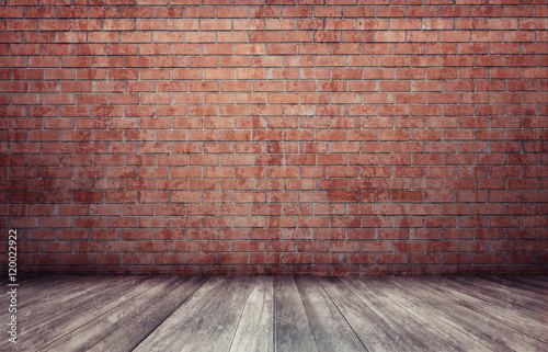 3d rendering of interior with red brick wall and wooden floor.