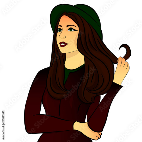 Beautiful girl wind hair on his finger , gazing into the distance on a white background