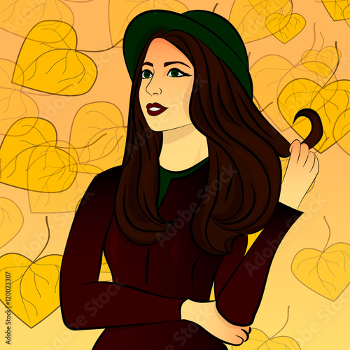 Girl gazing into the distance , on a yellow background autumn